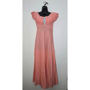 J. Peterman Dress Size XXS Ruffle Ribbon Neckline Pink Long Cotton Feminine Deli